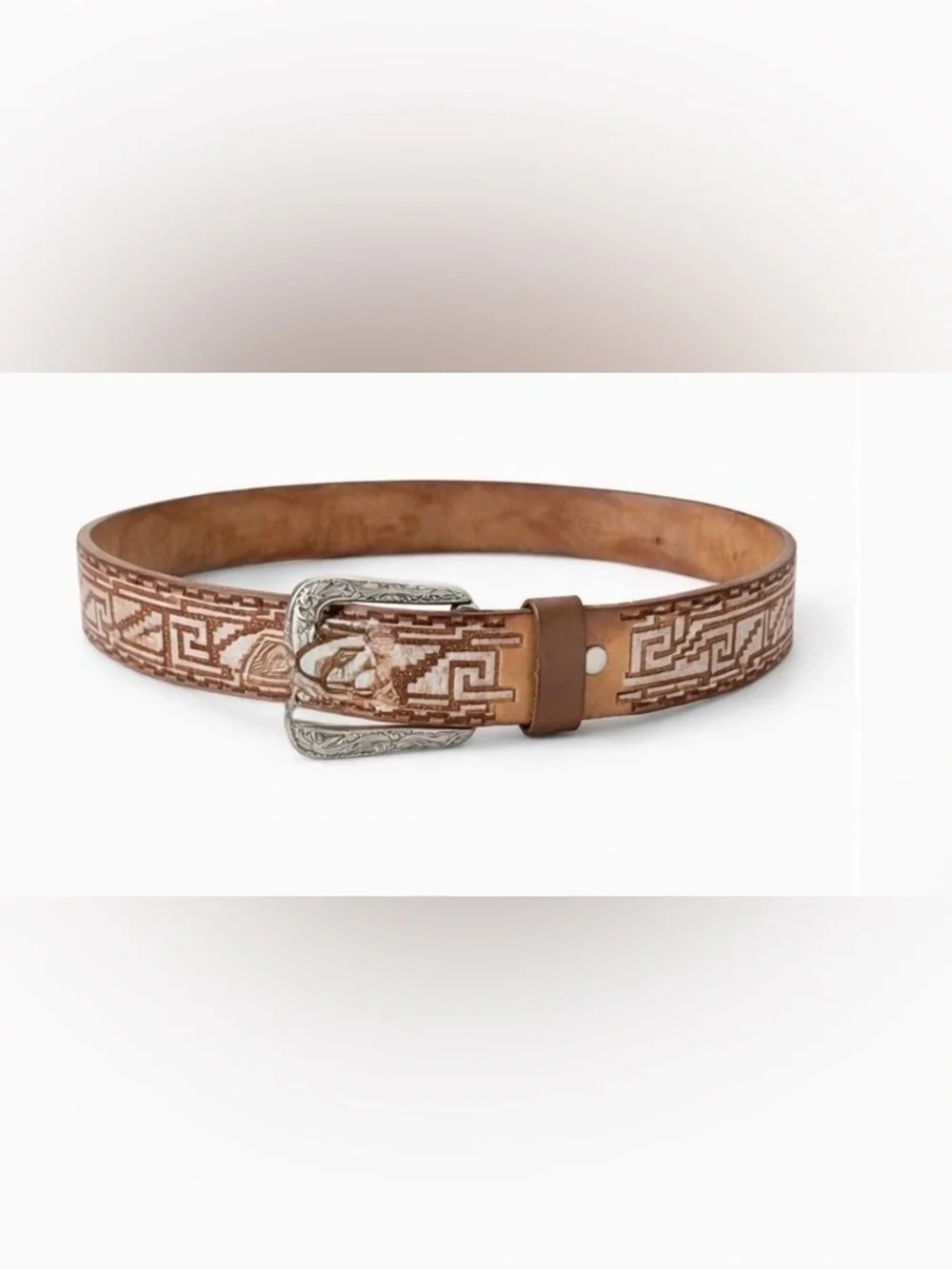 Vintage Western Leather Belt Cinto Piteado Horse Aztec Genuine Cowhide Mexico 44